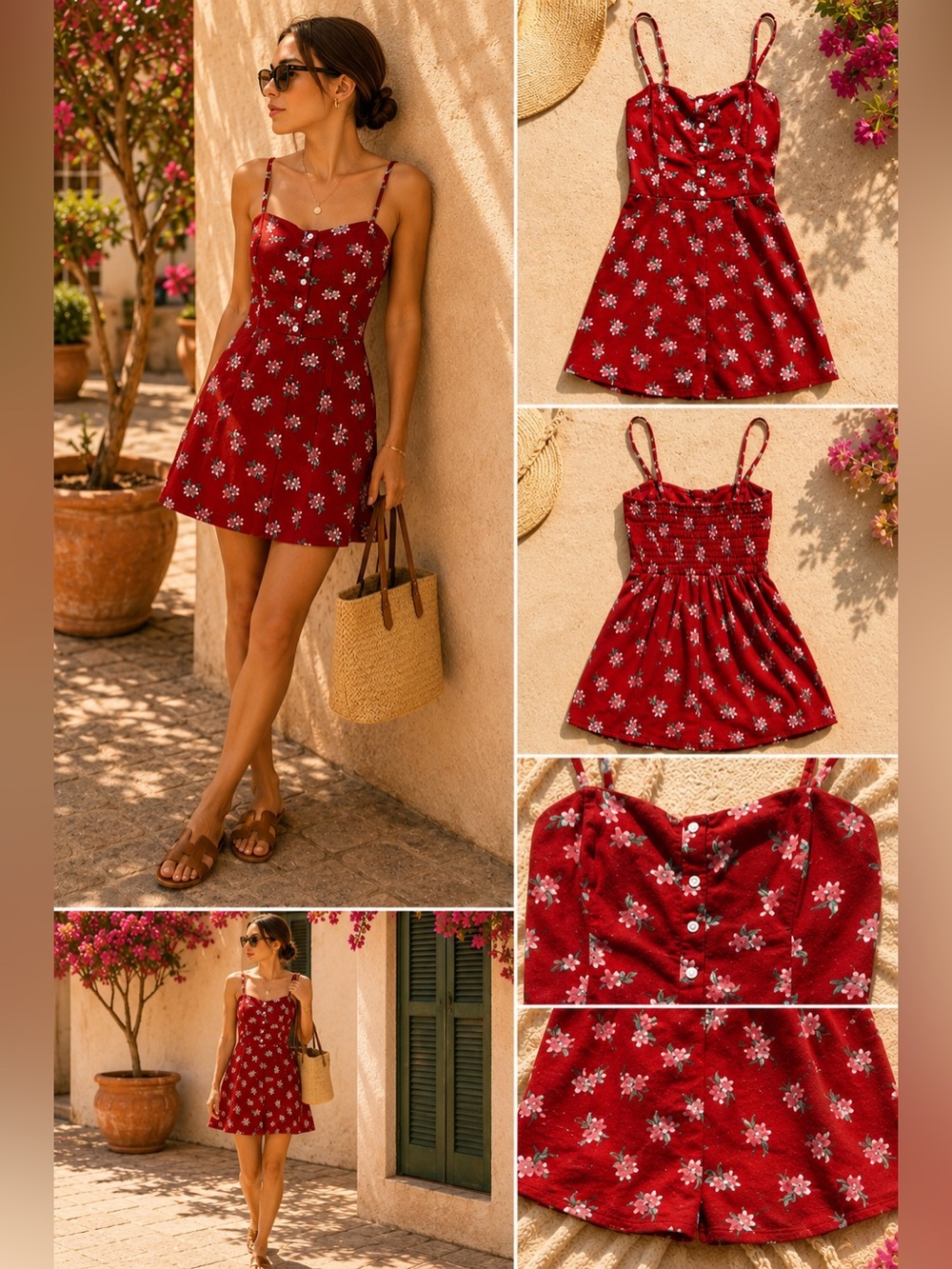 Hollister Floral Sundress Medium Red Cotton Blend Button Front Summer Dress